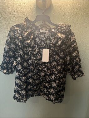 NWT Doen Henri Black & White Floral Puff-Sleeve Blouse